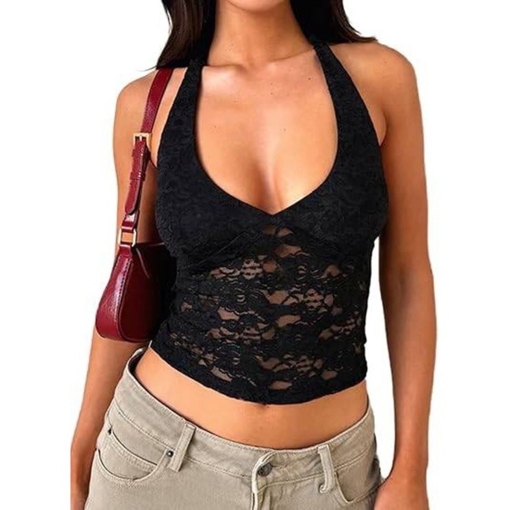 MSRP $25 MakeMeChic Women's XS Black Lace Halter Top Backless Sexy Cut Festiv